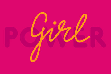 Girl power lettering on bright pink background. Empowerment, support, strength in letters. Typography, flat design. Pink and yellow 