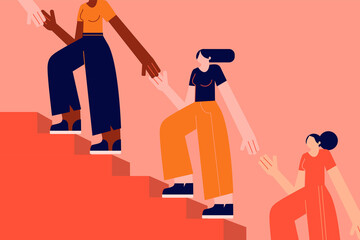 Girls supporting girls, climbing steps and helping each other. Equality, empowerment, support, sisterhood. Colorful vector illustration on pink background