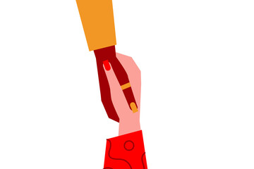 Helping hand, woman pulling another woman up. Giving back. Concept on women empowerment. Colored flat vector illustration isolated on white background