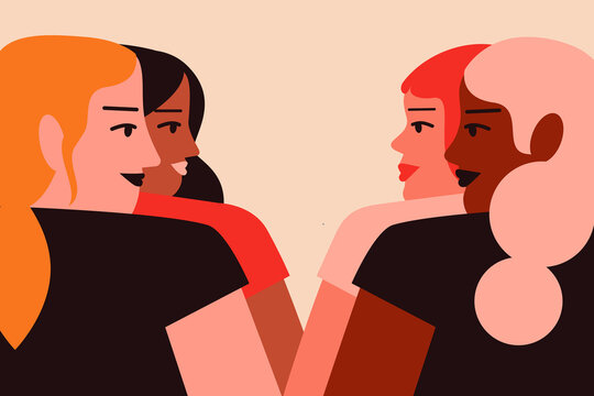 Girl gang, a group of girls standing side by side. Different skin tones, empowerment