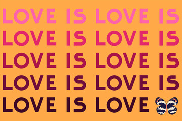 Love is love colorful lettering on a yellow background. Colorful typography, type design for banner, social media, post, card, poster or article.