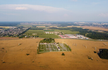 Obraz premium Aerial view of agro rural fields and meadows