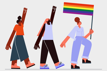 Pride parade, pride flag. Colorful people marching. Vector illustration