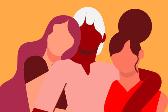 Three women of different ethnicity, colorful illustration. Diversity, friendship, closeness