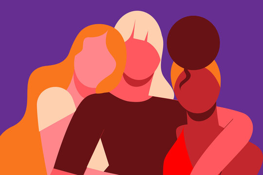 Three women of different ethnicity. Colorful vector illustration. Diversity, friendship, unity, emotional support