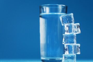 Ice cubes tower with a glass of cold and clean water on a blue background.