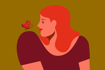 Woman and a butterfly sitting on her shoulder, beauty, nature, interconnectedness