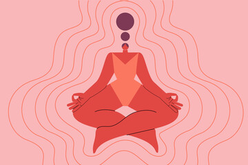 Woman meditating, sending positive vibrations, being in the moment. Calm and at peace,  colorful vector illustration - obrazy, fototapety, plakaty