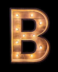 Wooden retro lamp bulb font letter B.