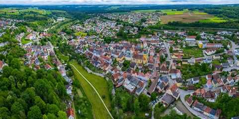 Aerial view of the city Beratzhausen in Germany, Bavaria. on a sunny day in spring