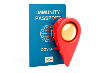 Immunity passport with map pointer. 3D rendering