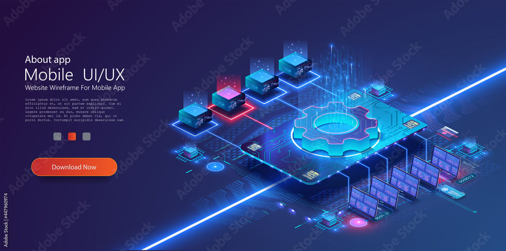 Poster Digital Big data technology. Synchronizing personal information. Database neon storage, data encryption and protection. Information storage and analysis system. Vector stock illustration