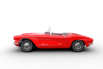 Side view 3D illustration of a retro convertible red roadster car isolated on a white background. - obrazy, fototapety, plakaty