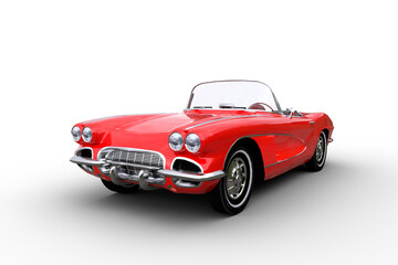 3D illustration of a retro convertible red roadster car isolated on a white background. - obrazy, fototapety, plakaty