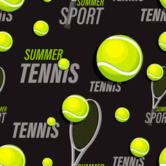 Tennis. Summer games. Sports background. Large capital letters, ball and racket on a black.