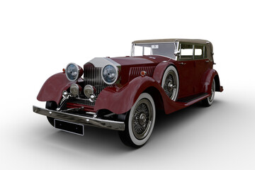 Plakat 3D illustration of a large old red vintage car with soft top roof isolated on a white background.