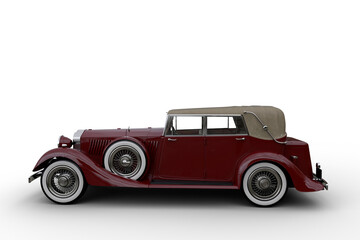 Obraz na płótnie Canvas Side view 3D illustration of a large old red vintage car with soft top roof isolated on a white background.