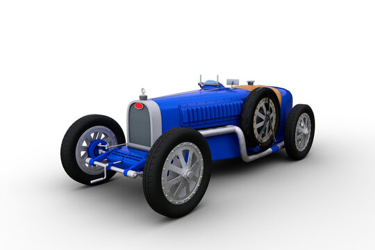 3D illustration of a vintage blue racing car isolated on white background.
