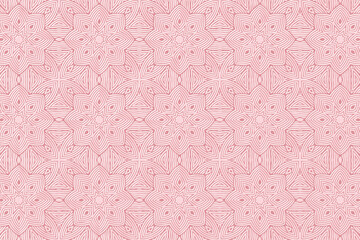 Geometric volumetric convex 3D pattern for wallpapers, presentations, websites, textiles. Embossed original background in traditional oriental style. Pink floral texture with ethnic ornament.