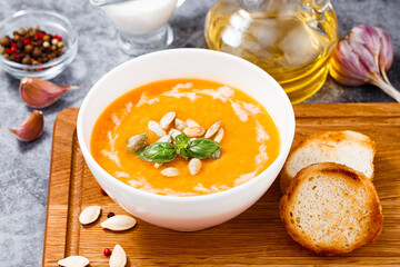 autumn vegetarian pumpkin soup. Homemade pumpkin soup