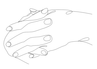 Silhouettes of human hands folded into a castle, in a modern one line style. Continuous line drawing, aesthetic outline for home decor, posters, wall art, stickers, logo. Vector illustration.