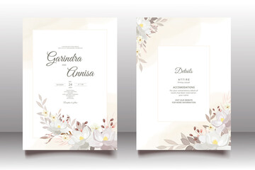 Obraz na płótnie Canvas Wedding invitation card template set with beautiful white floral leaves Premium Vector