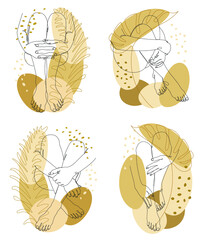 Collection. Silhouettes of human legs and leaves in a modern one line style. Plants solid drawing, decor outline, wall poster, stickers, logo. Vector illustration set.