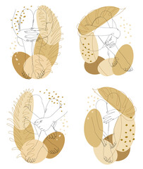 Collection. Silhouettes of human legs and leaves in a modern one line style. Plants solid drawing, decor outline, wall poster, stickers, logo. Vector illustration set.