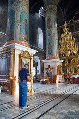 Slobodskoy, Russia - August 31, 2020: The interior of a traditional Christian Orthodox Russian church. The temple is inside with icons and an iconostasis