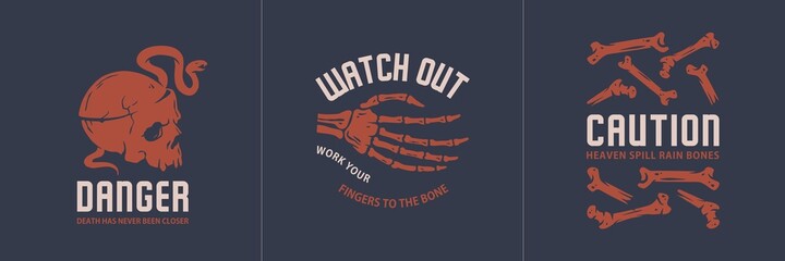 Skull, bone and skeleton hand for print. Halloween undead and walking dead. Fear, horror and spooky zombie for design dark party of happy halloween