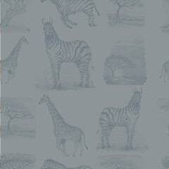 Fototapeta na wymiar savannah africa zebra giraffe safari animals watercolor hand drawn illustration.