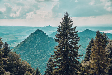 Beautiful aerial panoramic view of the Pieniny National Park, Poland in sunny day from Trzy Korony - English: Three Crowns (the summit of the Three Crowns Massif) © udmurd