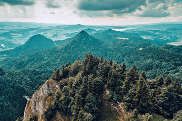Beautiful aerial panoramic view of the Pieniny National Park, Poland in sunny day from Trzy Korony - English: Three Crowns (the summit of the Three Crowns Massif) © udmurd