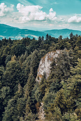 Beautiful aerial panoramic view of the Pieniny National Park, Poland in sunny day from Trzy Korony - English: Three Crowns (the summit of the Three Crowns Massif) © udmurd