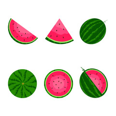 Set of watermelons in a flat style.
Vector elements for design.
Can be used for advertising, cafes, web design, printing, fabrics.