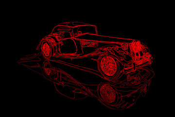 Retro car sketch in red on a black background