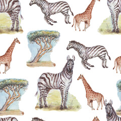 savannah africa zebra giraffe safari animals watercolor hand drawn illustration.