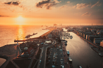 View of Bremerhaven Port Area at Sunset - obrazy, fototapety, plakaty