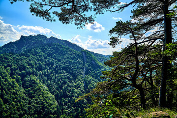 Beautiful aerial panoramic view of the Pieniny National Park, Poland in sunny day. Sokolica and Trzy Korony - English: Three Crowns (the summit of the Three Crowns Massif) © udmurd