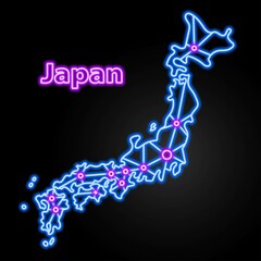 Japan neon map, isolated vector illustration.