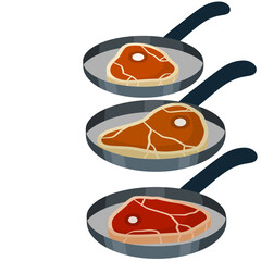 Fried meat in a frying pan. Greasy food on the dishes. Set of brown Roast steak. Barbecue and steak