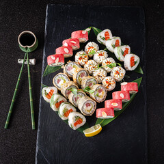 sushi on the black background