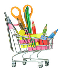 School supplies in a shopping cart isolated on white background. Back to school concept