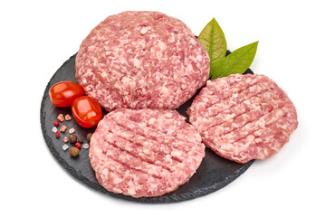 Burger patties, ready to fry, burger cutlets, isolated on white background. High resolution image.