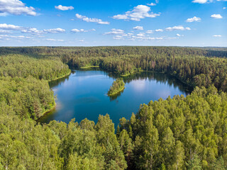 Heart-shaped lake in the forest. Symbol of sign of love and peace in forest. Drone aerial shot