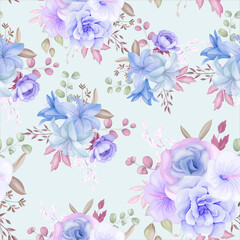 Beautiful purple and blue floral and leaves seamless pattern design