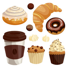 set of desserts and a glass of coffee, cinnamon bun, cupcake with cream, donut in chocolate glaze, with raisins, croissant, candy and meringue, vector graphics in cartoon style