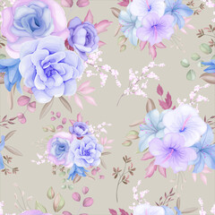 Fototapeta na wymiar Beautiful purple and blue floral and leaves seamless pattern design
