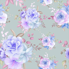 Obraz na płótnie Canvas Beautiful purple and blue floral and leaves seamless pattern design