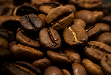 Coffee grains of different varieties close-up. Coffee